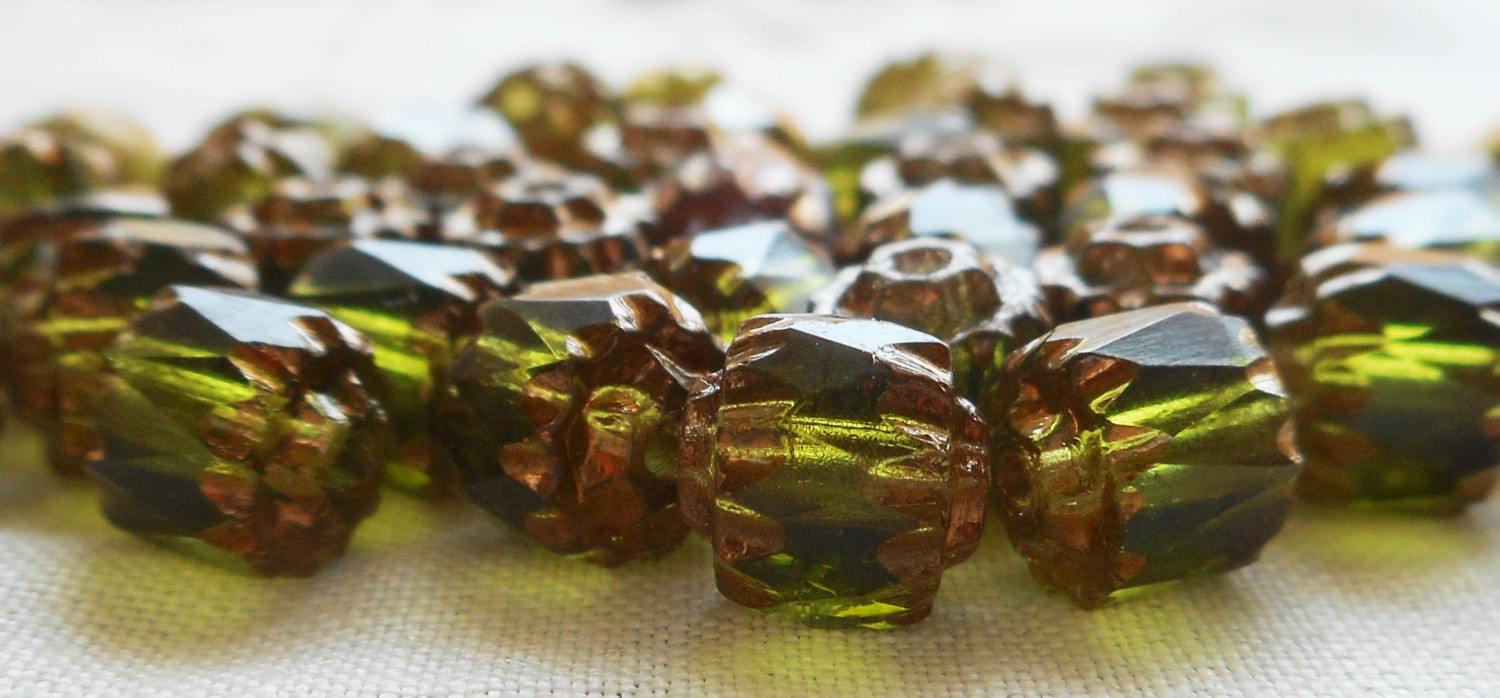 Lot of 25 Olivine Green 6mm crown picasso beads, faceted, firepolished, antique cut, Czech glass beads C1801 - Glorious Glass Beads