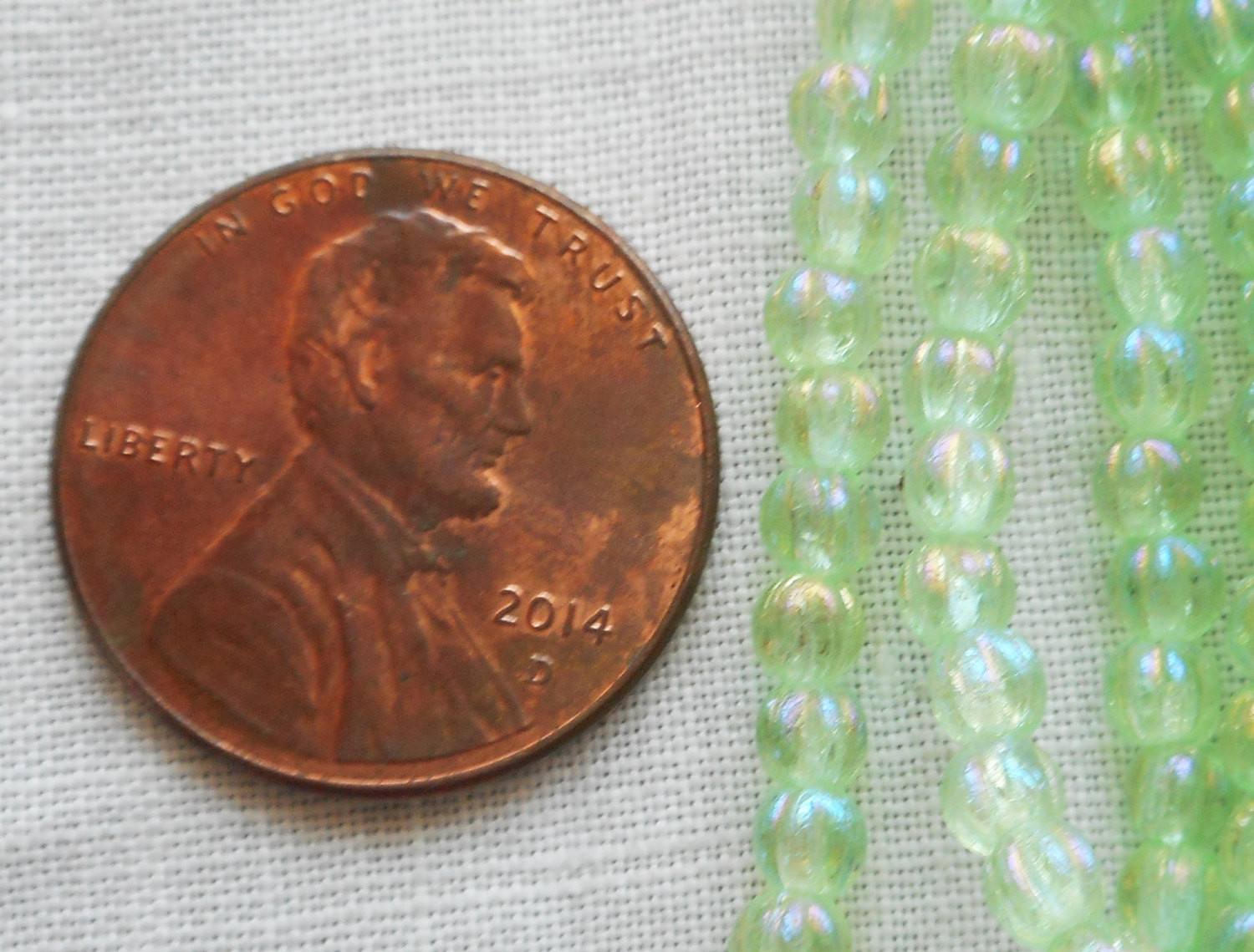 Fifty 3mm Luster Iris Peridot Green melon beads, Czech pressed glass beads C2650 - Glorious Glass Beads