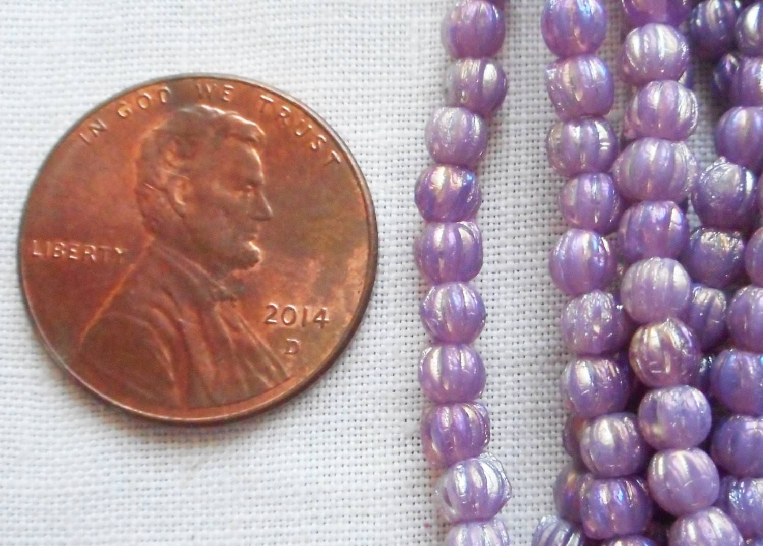 Lot of 100 3mm Lot of 100 Luster Iris Milky Amethyst melon beads, pressed opaque purple glass Czech beads, C63150 - Glorious Glass Beads