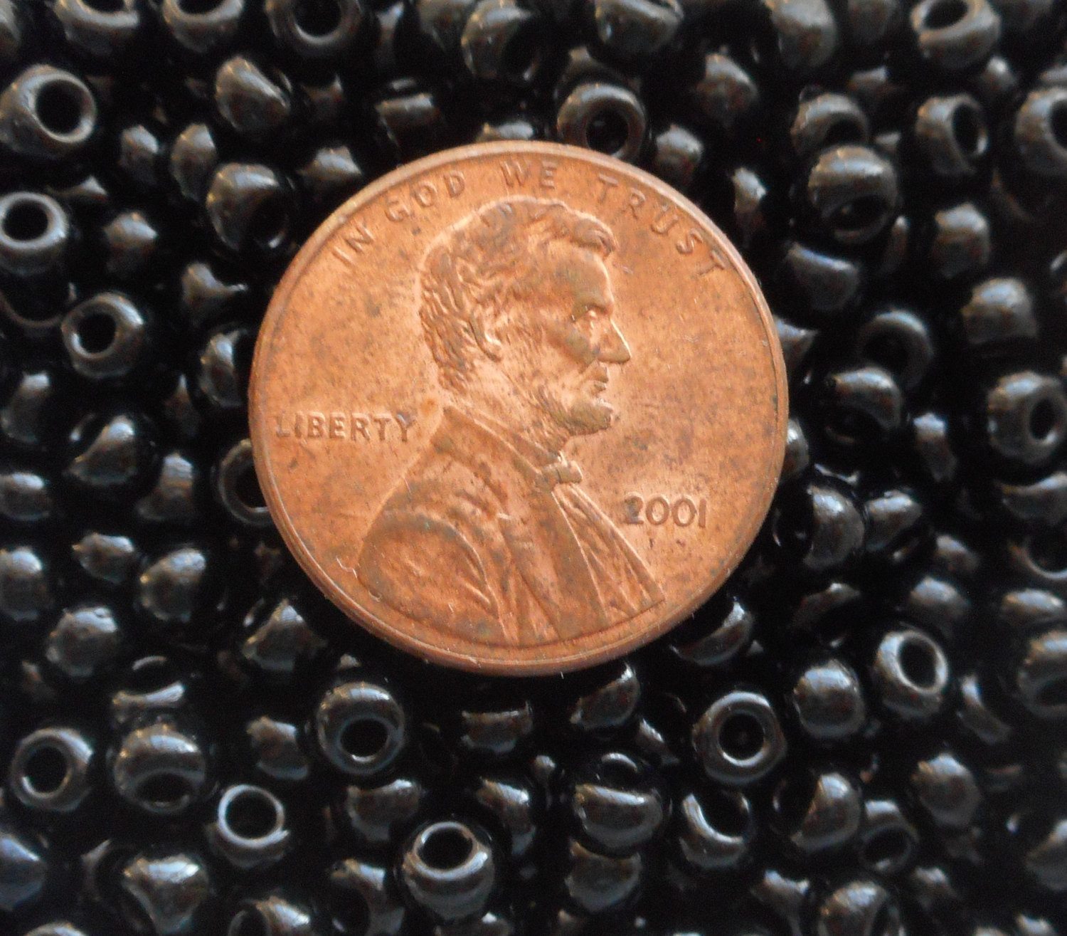 One pkg 24 grams Opaque Jet Black Czech 6/0 large glass seed beads, size 6 Preciosa Rocaille 4mm spacer beads, large, big hole C434 - Glorious Glass Beads