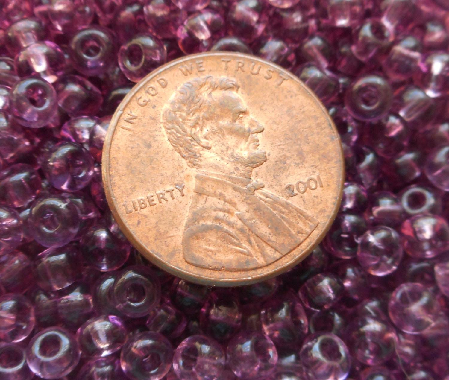 One pkg 24 grams transparent Light Amethyst, Purple Czech 6/0 glass seed beads, size 6 Preciosa Rocaille 4mm spacer beads, large, big hole C9324 - Glorious Glass Beads