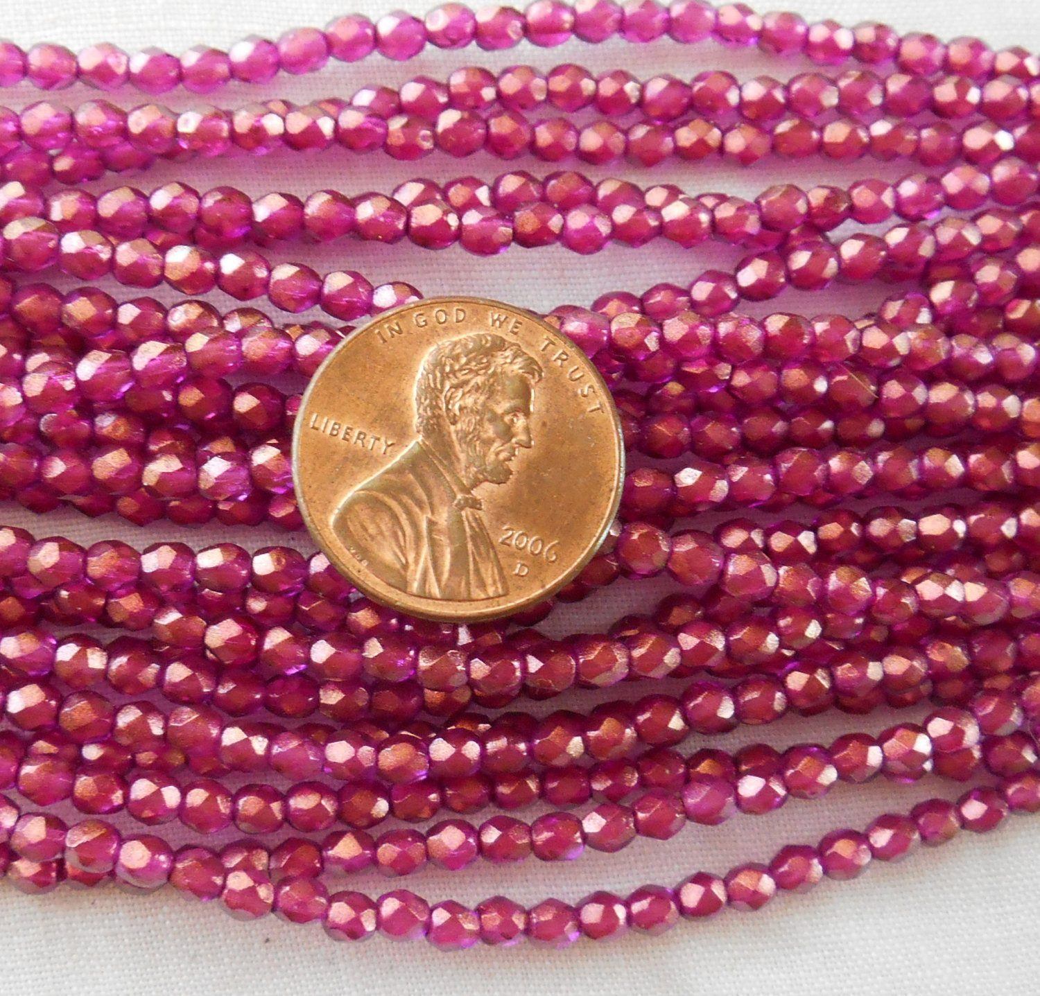 Fifty 3mm Halo Madder Rose Czech glass with gold firepolished, faceted round beads, C8750 - Glorious Glass Beads