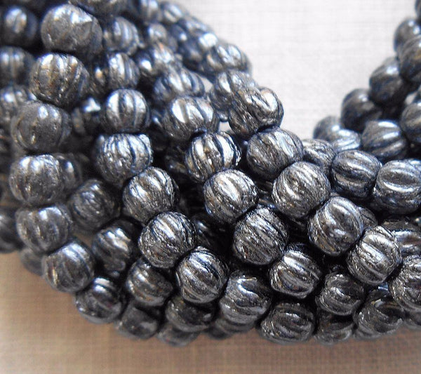 Lot of 100 3mm Hematite Gray Metallic melon beads, Czech pressed glass beads C04150 - Glorious Glass Beads
