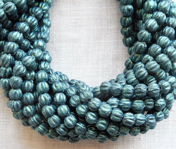 Lot of 100 3mm Light Green, Sueded, Suede Metallic Green melon beads, Czech pressed glass beads C05150