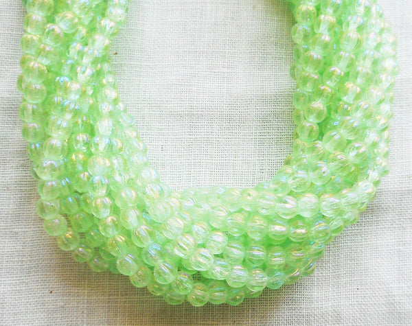 Lot of 100 3mm Luster Iris Peridot Green melon beads, Czech pressed glass beads C2650