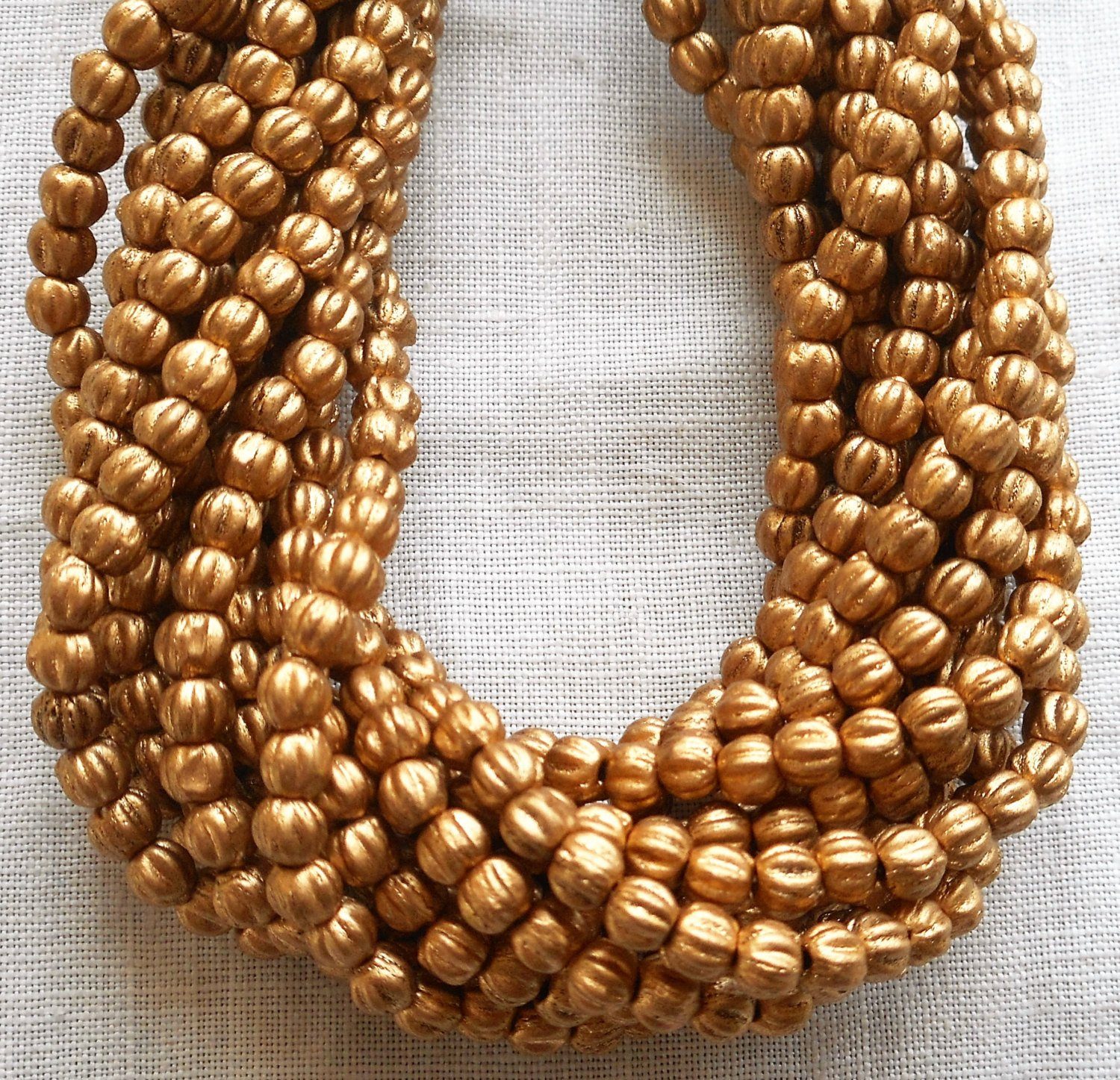 Lot of 100 3mm Matte Metallic Flax Gold melon beads, Czech pressed glass beads C53101 - Glorious Glass Beads