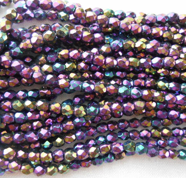 Fifty 3mm Purple Iris, faceted, round, firepolished glass beads, C8450