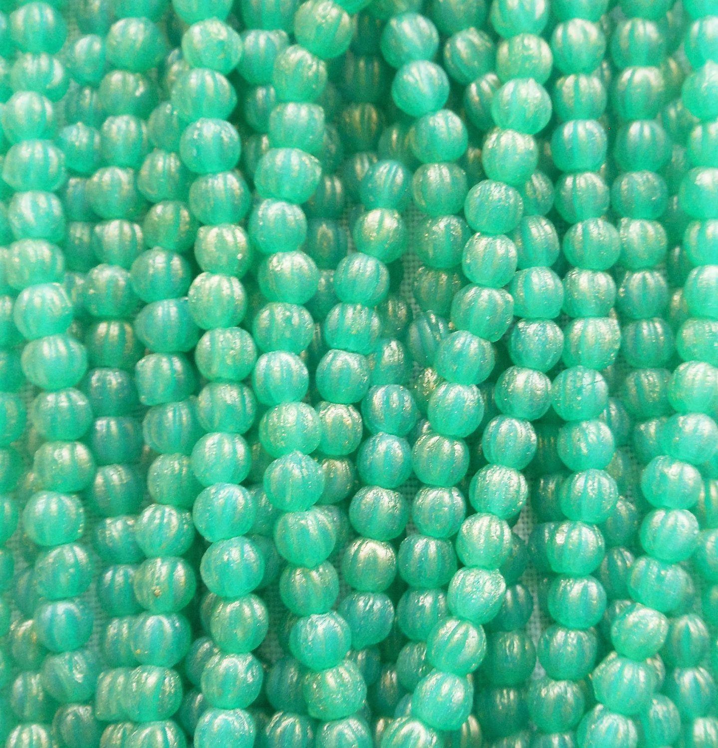 Lot of 100 3mm Sueded Gold Atlantis Green melon beads, Czech pressed glass beads C02101 - Glorious Glass Beads