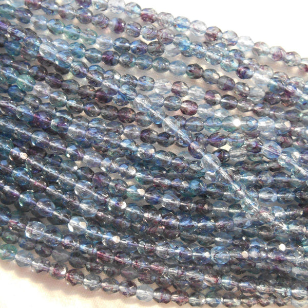 Fifty 4mm Czech Amethyst Sapphire swirl, hurricane glass round faceted firepolished beads, C41150