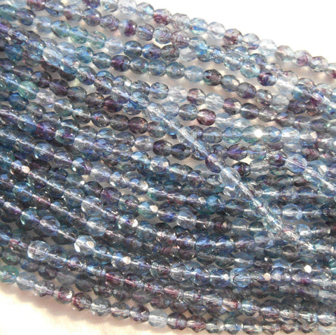 Fifty 4mm Czech Amethyst Sapphire swirl, hurricane glass round faceted firepolished beads, C41150 - Glorious Glass Beads