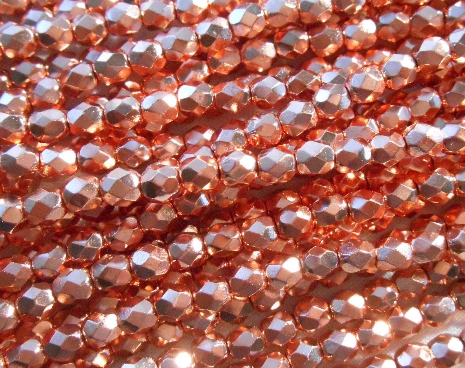 Fifty 4mm Czech Bright Copper metallic glass round faceted firepolished beads, C41150 - Glorious Glass Beads