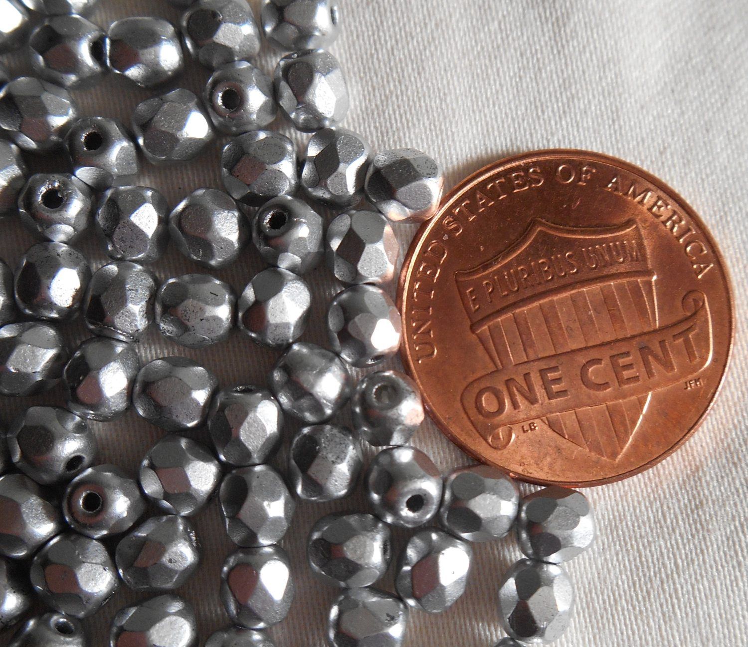 Fifty 4mm Czech glass Matte Metallic Silver firepolished faceted round beads, C5750 - Glorious Glass Beads