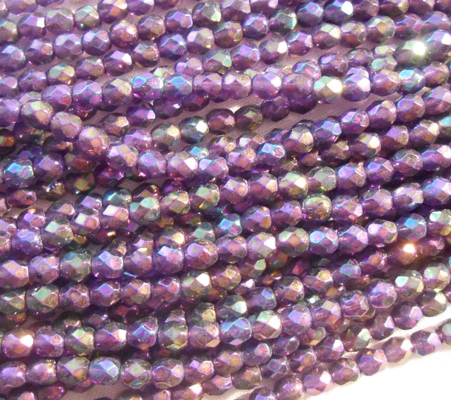 Fifty 4mm Czech Luster Iris Tanzanite glass round faceted firepolished beads, C2750 - Glorious Glass Beads