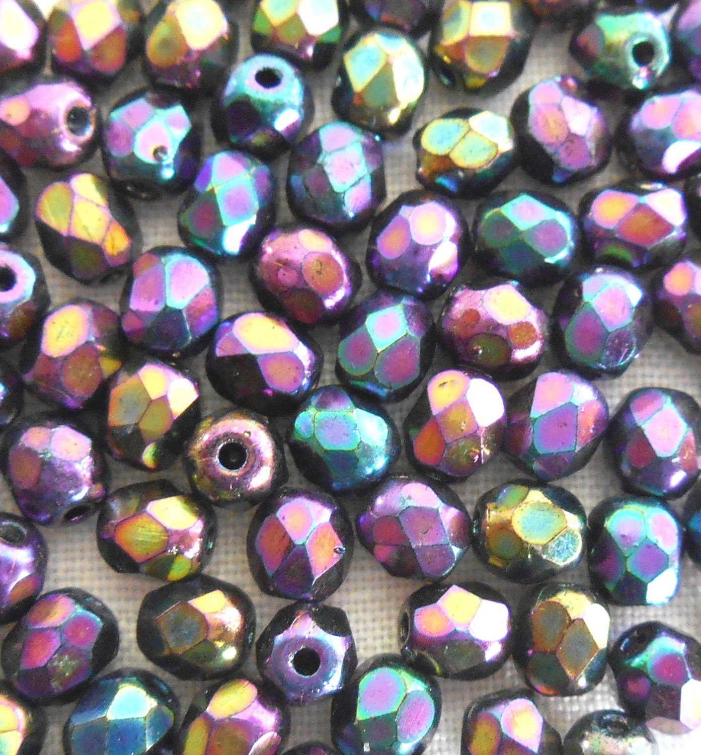 Fifty 4mm Czech Purple Iris glass firepolished round faceted beads, C6350 - Glorious Glass Beads