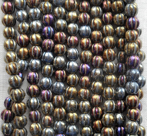 Fifty 5mm Brown Iris metallic glass melon beads, Czech pressed glass beads C0750