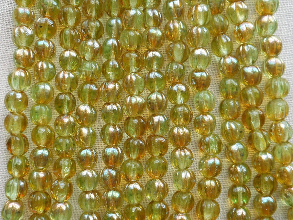 Fifty 5mm Chrysolite Celsian light green, amber melon beads, Pressed Czech glass beads C7850
