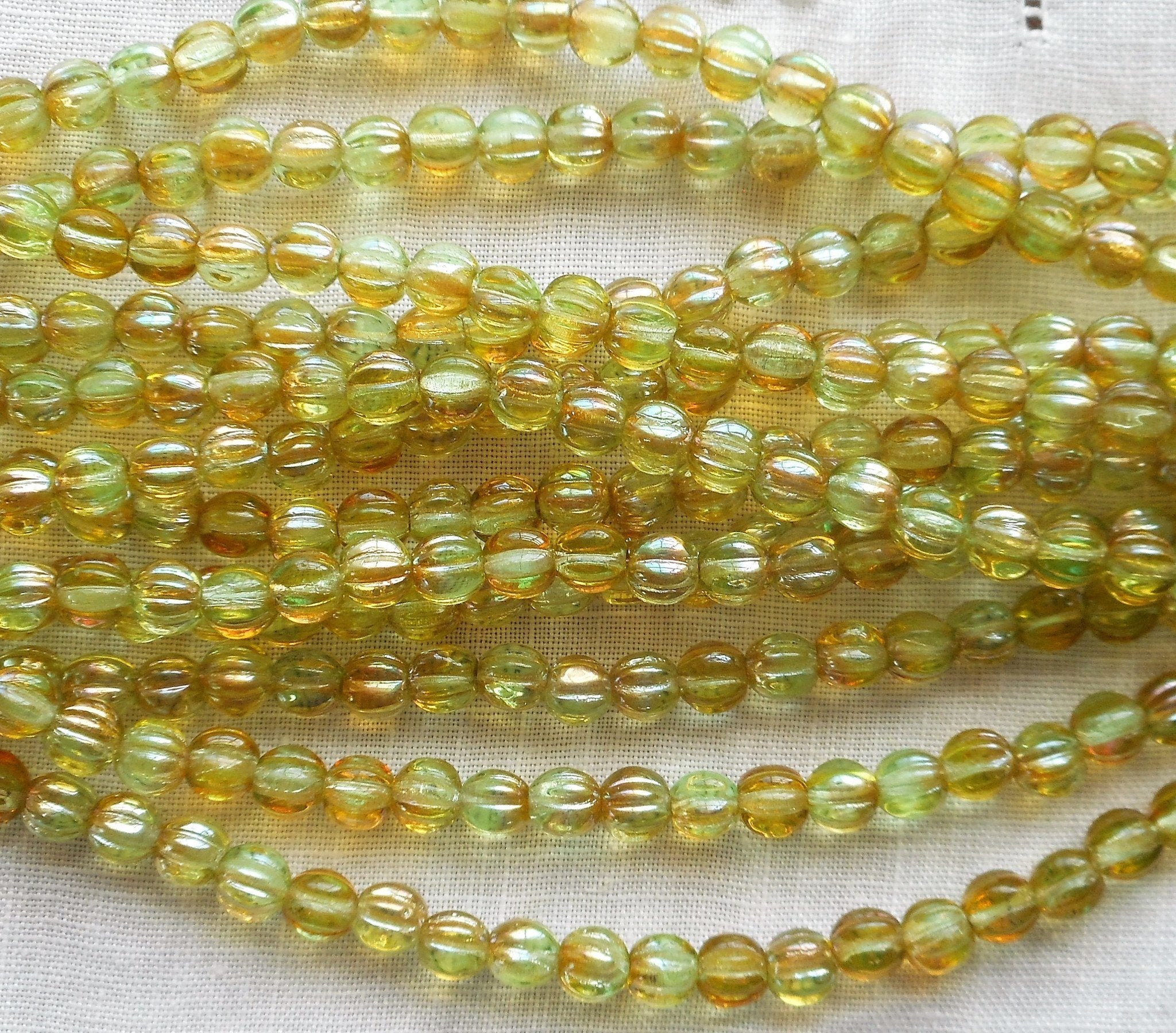 Fifty 5mm Chrysolite Celsian light green, amber melon beads, Pressed Czech glass beads C7850 - Glorious Glass Beads