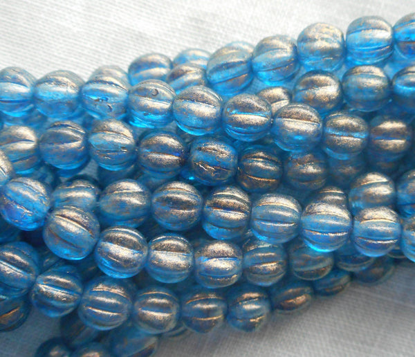 Fifty 5mm Halo Azurite blue melon beads, Pressed Czech glass beads C33150