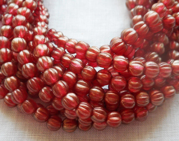 Fifty 5mm Halo Cardinal Czech glass melon beads, red gold coated glass beads C33101