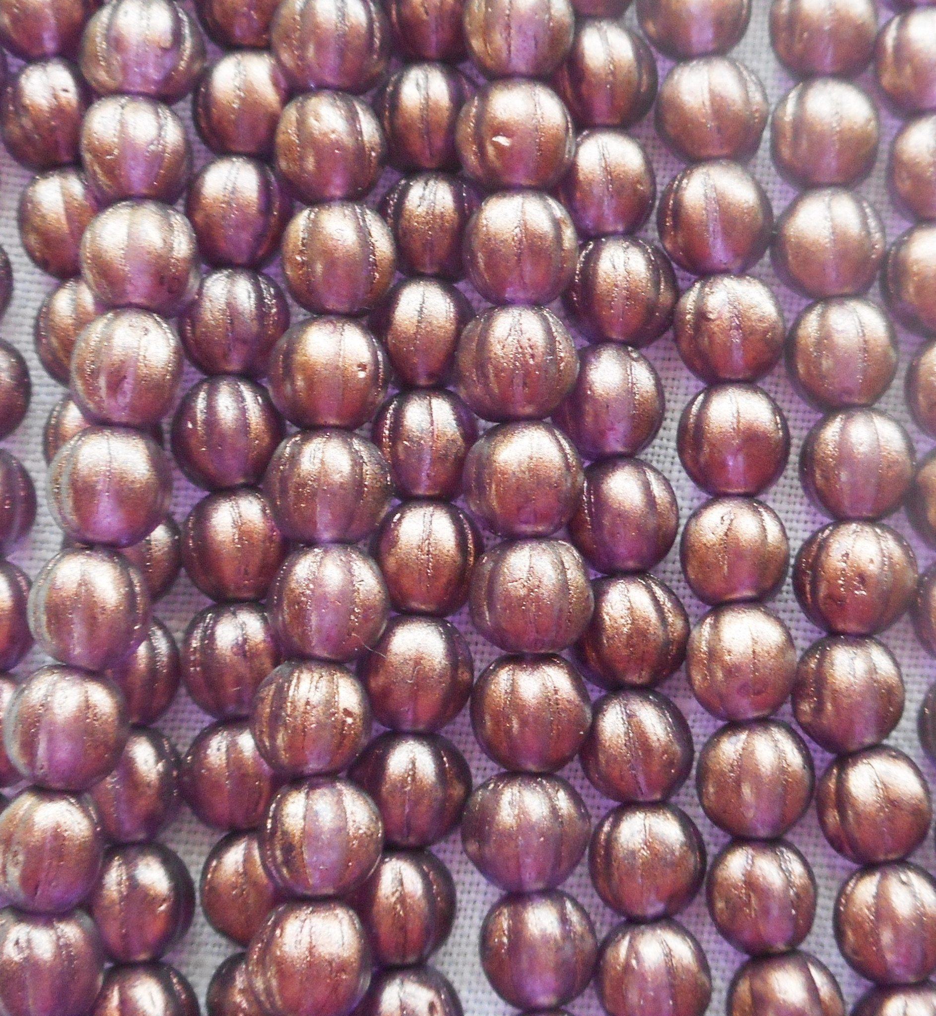 Fifty 5mm Halo Regal Czech glass melon beads, purple, amethyst gold coated beads C33101 - Glorious Glass Beads