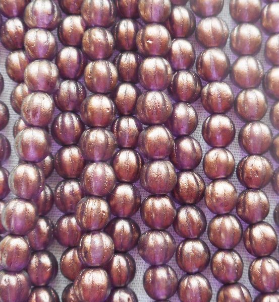 Fifty 5mm Halo Regal Czech glass melon beads, purple, amethyst gold coated beads C33101