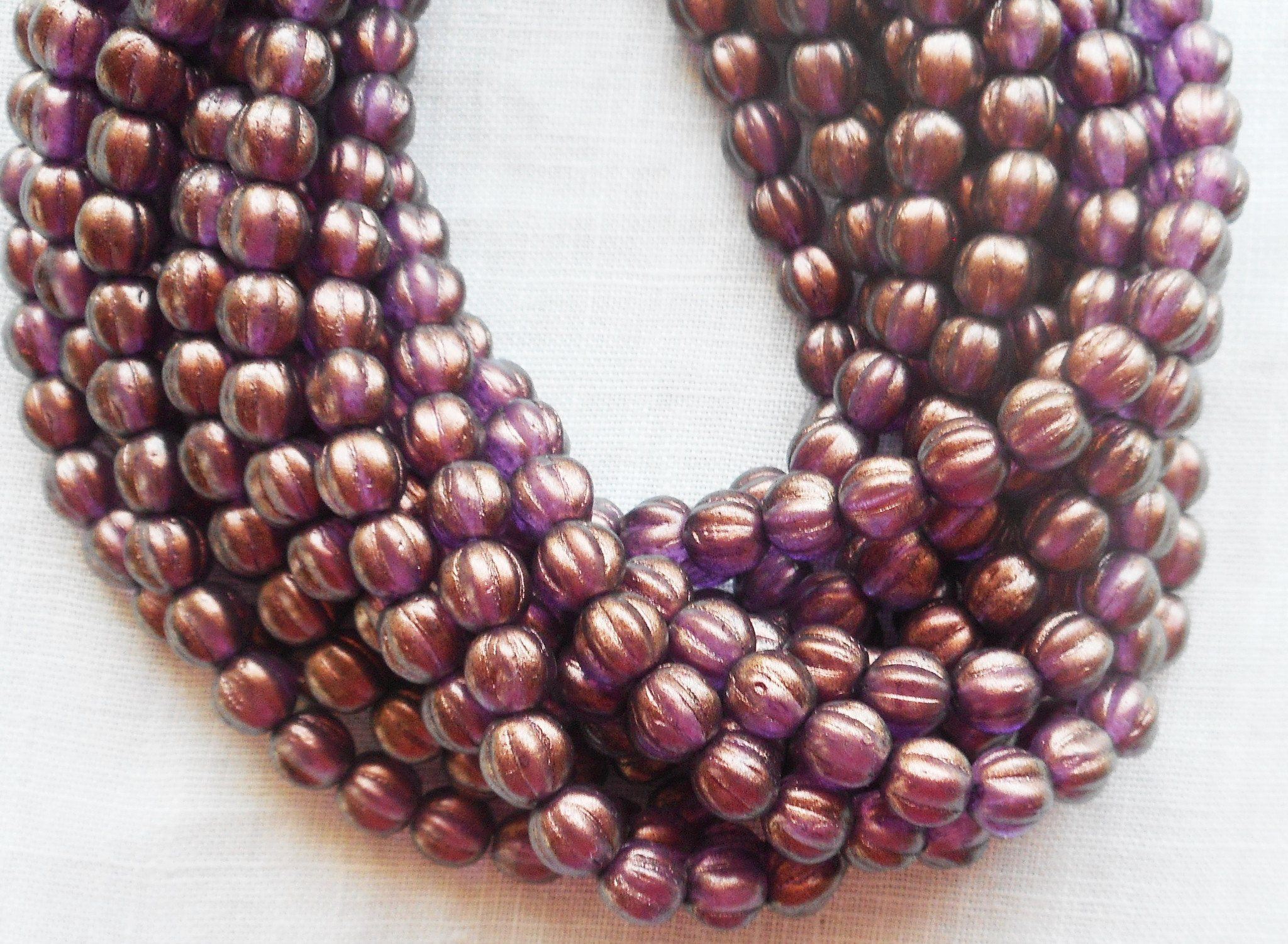 Fifty 5mm Halo Regal Czech glass melon beads, purple, amethyst gold coated beads C33101 - Glorious Glass Beads