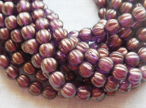 Fifty 5mm Halo Regal Czech glass melon beads, purple, amethyst gold coated beads C33101 - Glorious Glass Beads