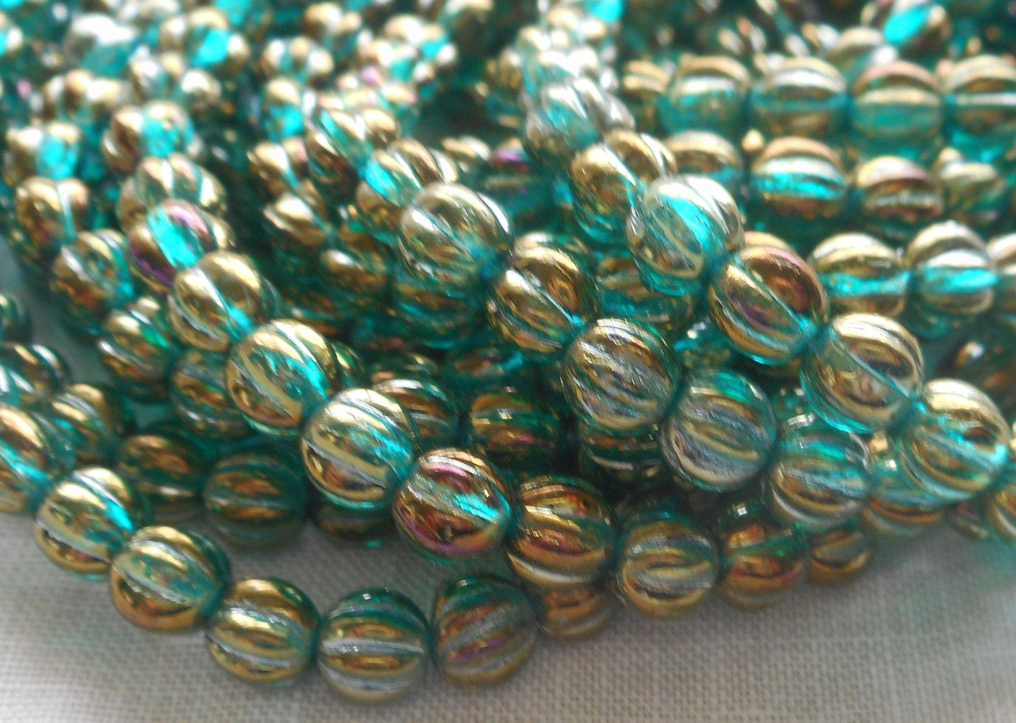 Fifty 5mm Luster Iris Atlantis Blue melon beads, Czech pressed glass beads C4850 - Glorious Glass Beads