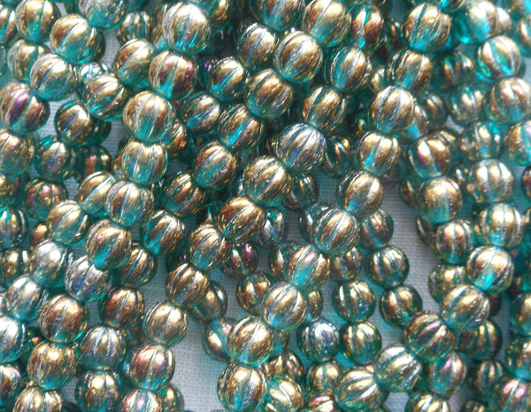 Fifty 5mm Luster Iris Atlantis Blue melon beads, Czech pressed glass beads C4850 - Glorious Glass Beads