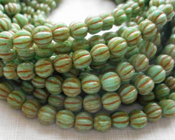 Fifty 5mm Opaque Turquoise Picasso melon beads, pressed Czech glass beads C8750 - Glorious Glass Beads