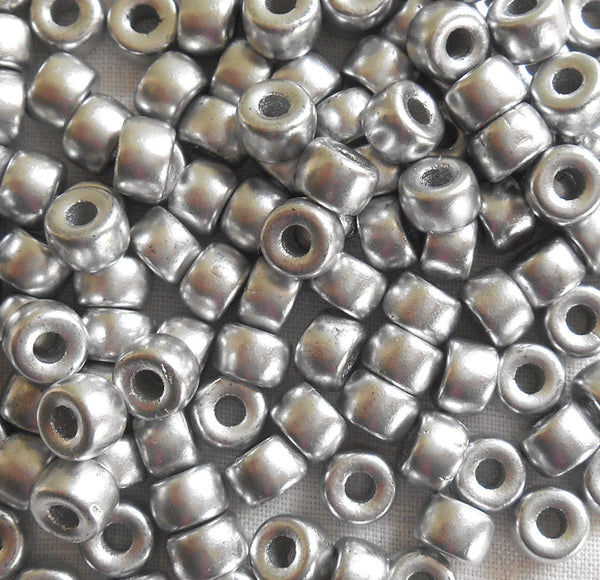 Fifty 6mm Czech Matte Metallic Silver pony roller beads, large hole glass crow beads, C6550