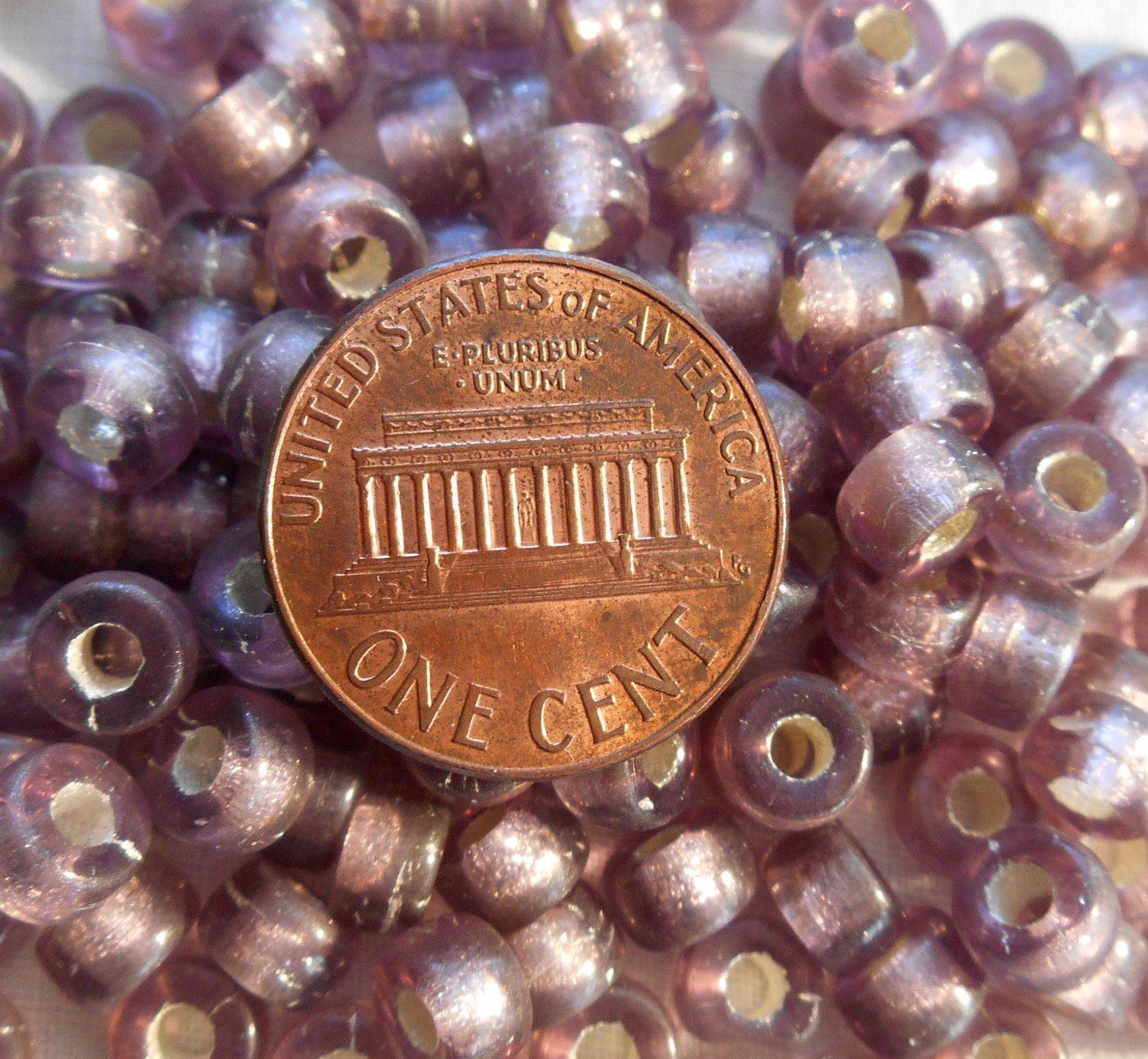 Fifty 6mm Light Amethyst, Silver Lined glass pony roller beads, large hole crow beads, C1350 - Glorious Glass Beads