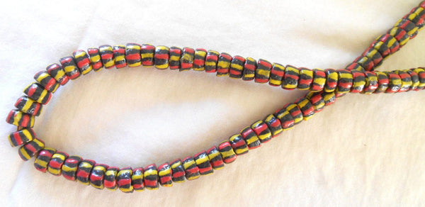 Lot of 124 African Trade Beads made in Ghana, brown beads with yellow and orange stripes, 000101 - Glorious Glass Beads