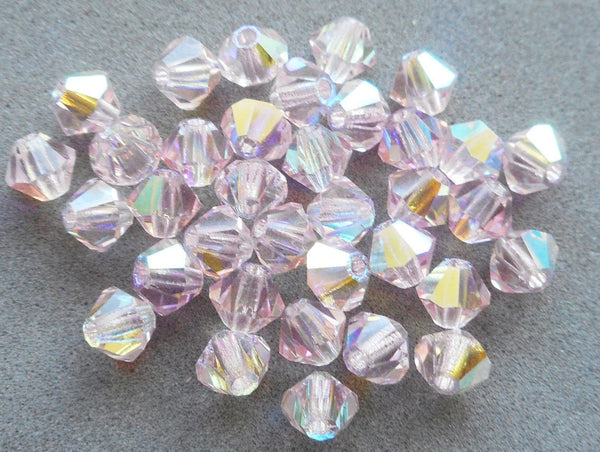 Lot of 24 4mm Czech Light Rose Pink AB glass faceted bicone beads, Preciosa Crystal pink AB bicones 5601