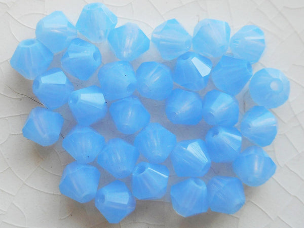 Lot of 24 4mm Czech Milky Blue glass faceted bicone beads, Preciosa Crystal blue bicones 2501