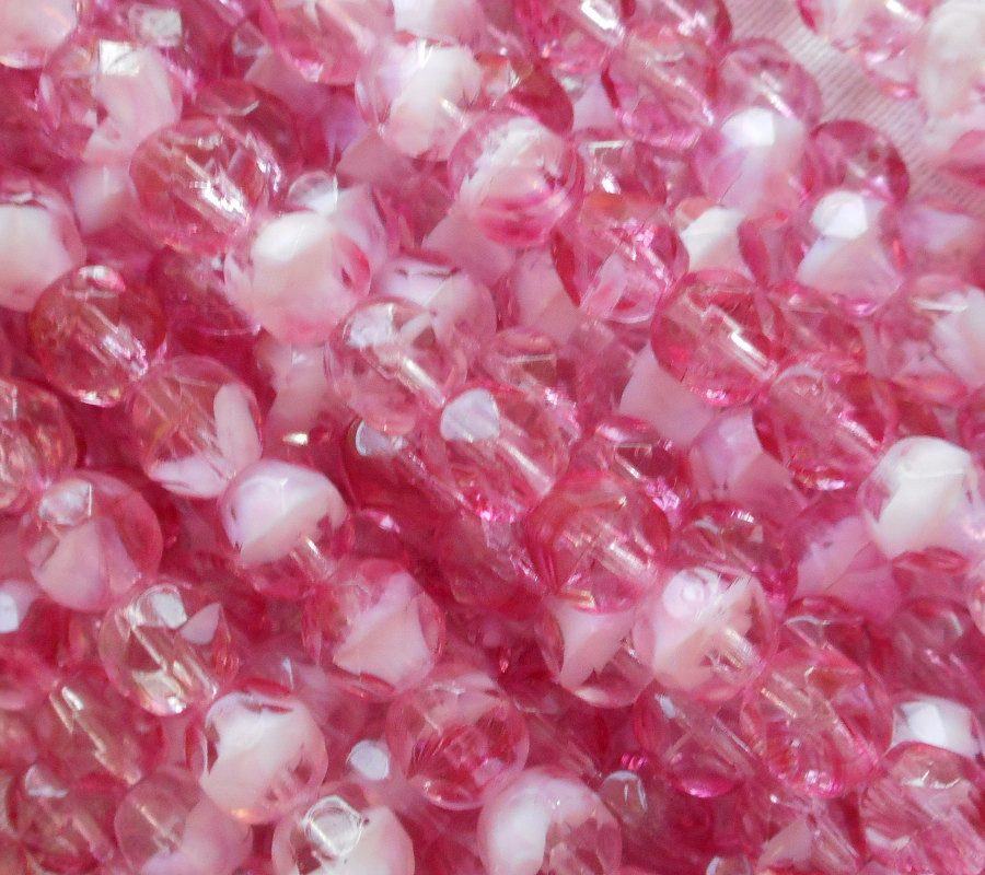 Lot of 25 6mm, Light Crystal PInk beads with white hearts, Czech glass firepolished faceted round beads C1501 - Glorious Glass Beads