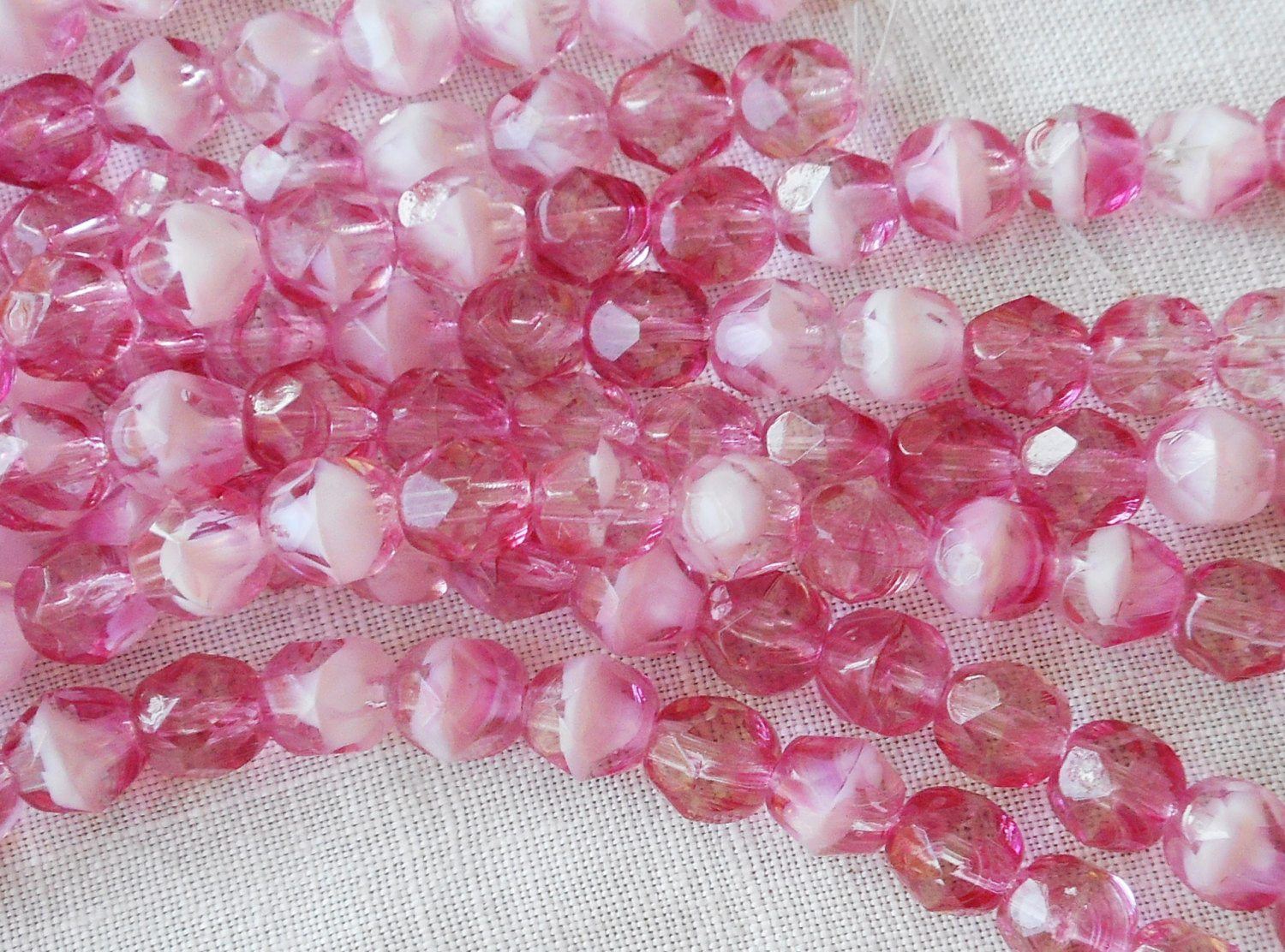 Lot of 25 6mm, Light Crystal PInk beads with white hearts, Czech glass firepolished faceted round beads C1501 - Glorious Glass Beads