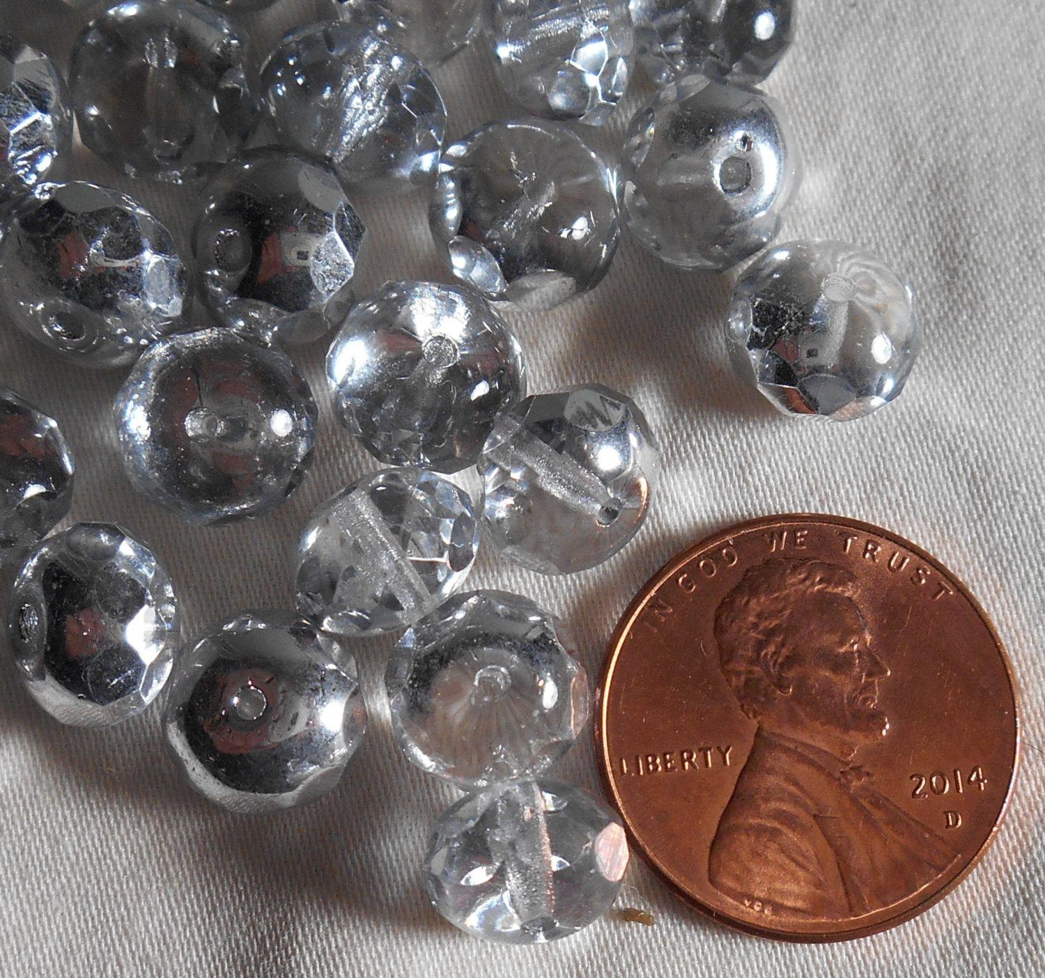 Lot of 25 6 x 9mm Czech glass Silver Crystal faceted puffy rondelle beads, C5925 - Glorious Glass Beads