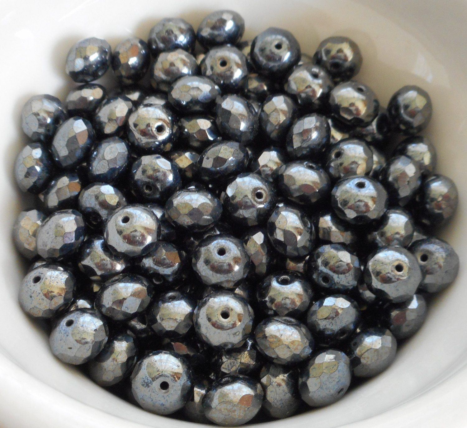 Lot of 25 6 x 9mm Czechglass  Metallic Gray Hematite faceted puffy rondelle beads, C1725 - Glorious Glass Beads