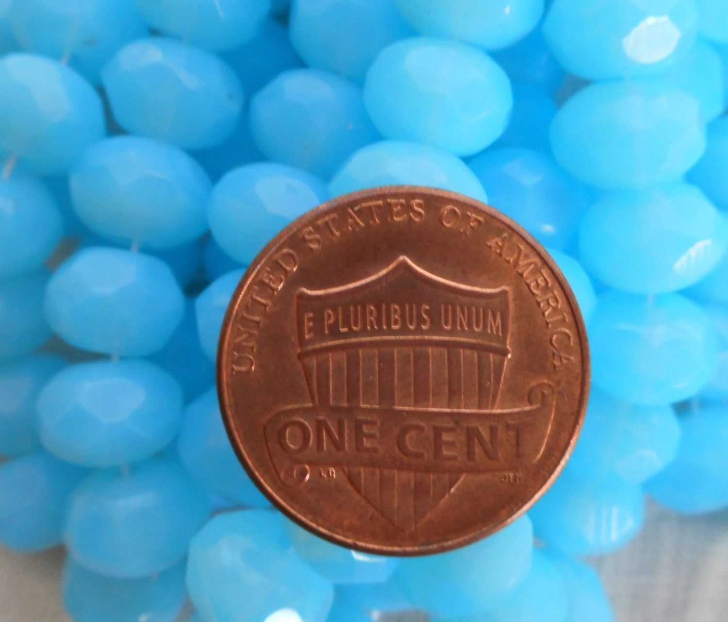 Lot of 25 6 x 9mm Opaque Milky Powder Blue faceted Czech glass puffy rondelle beads, C11125 - Glorious Glass Beads