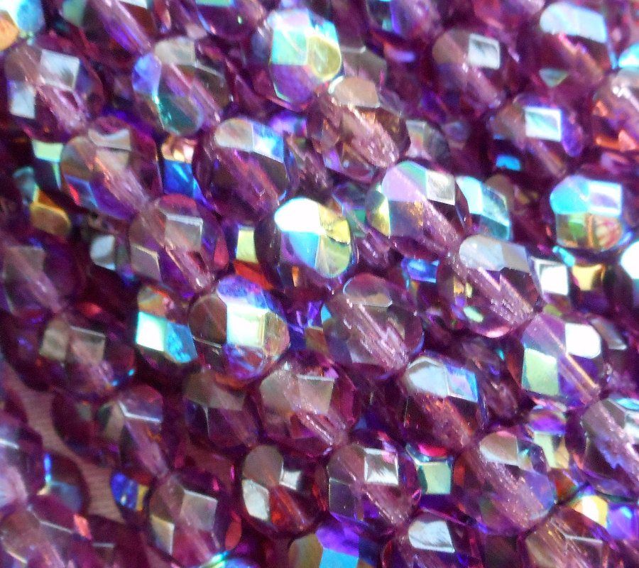 Lot of 25 6mm Amethyst AB, purple, Czech glass firepolished faceted round beads C8401 - Glorious Glass Beads