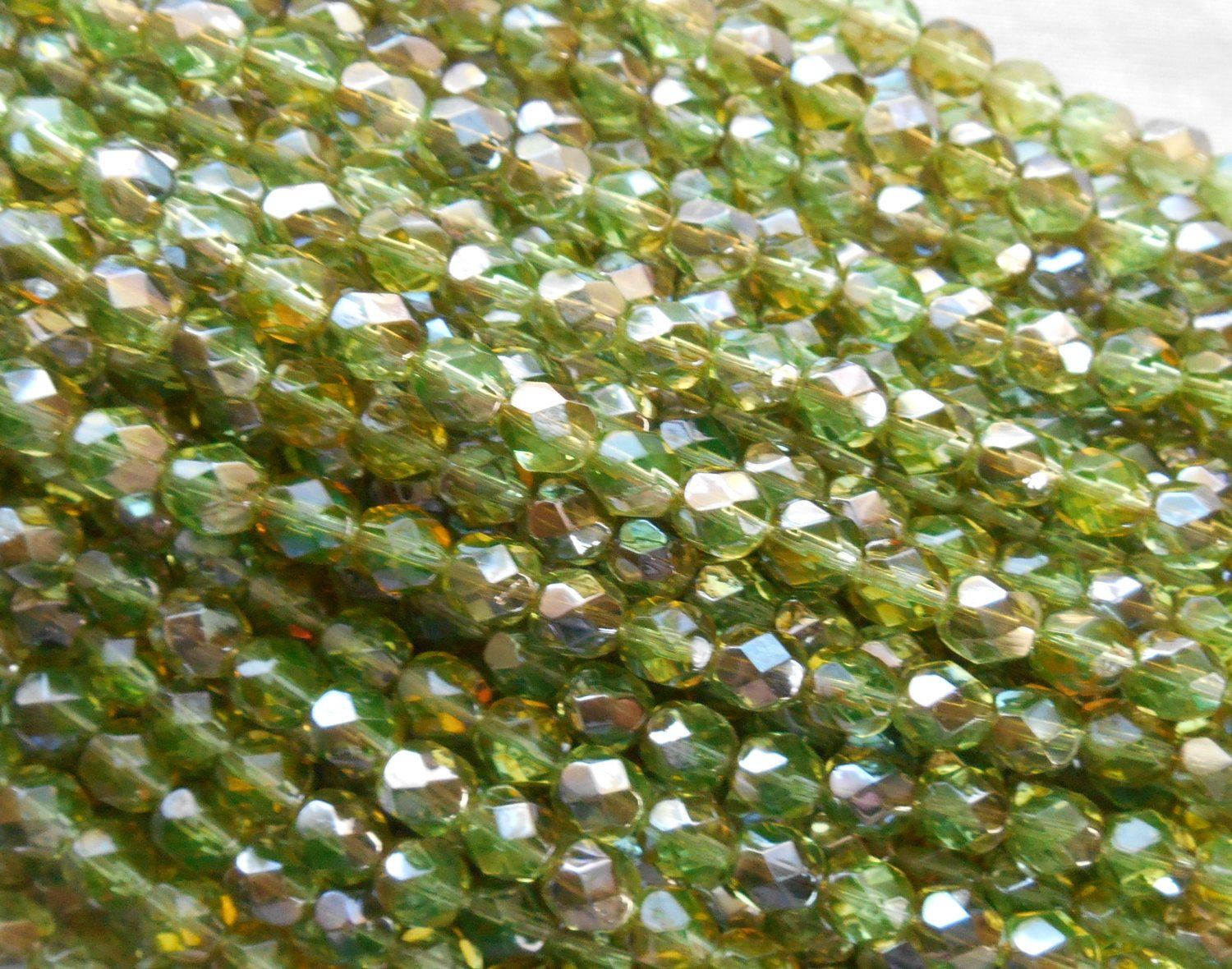 Lot of 25 6mm Czech Chrysolite Celsian Green glass, round faceted firepolished beads, C7425 - Glorious Glass Beads