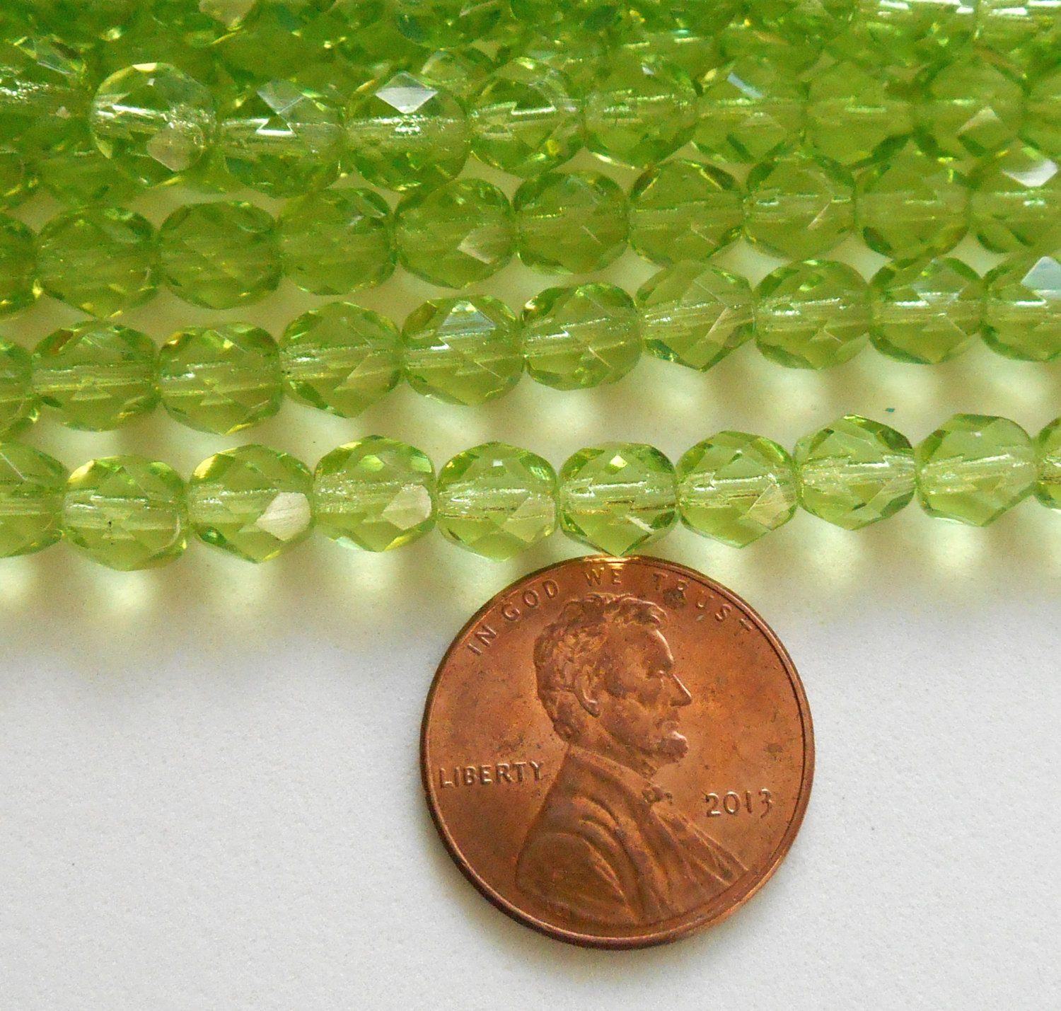 Lot of 25 6mm Lime Green Czech glass, firepolished, faceted round beads, C0425 - Glorious Glass Beads