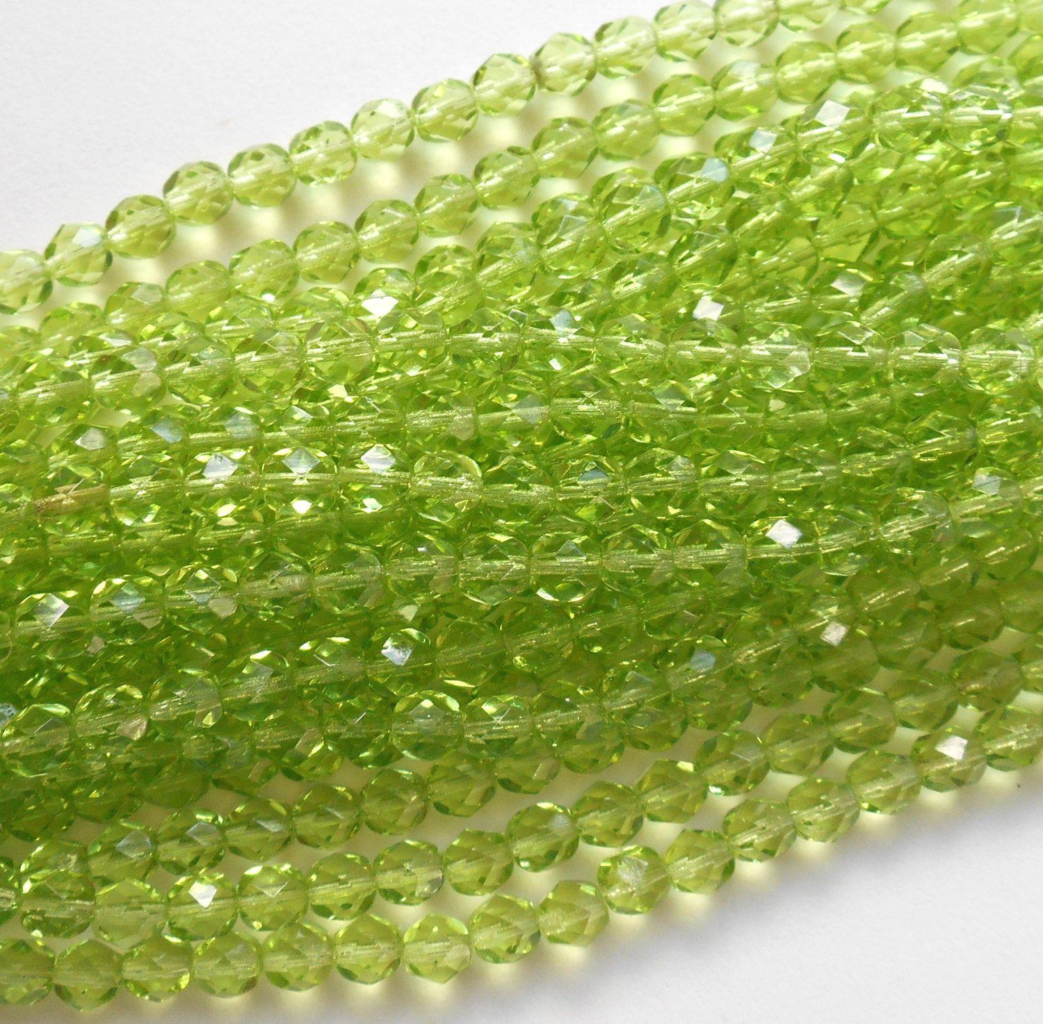 Lot of 25 6mm Lime Green Czech glass, firepolished, faceted round beads, C0425 - Glorious Glass Beads