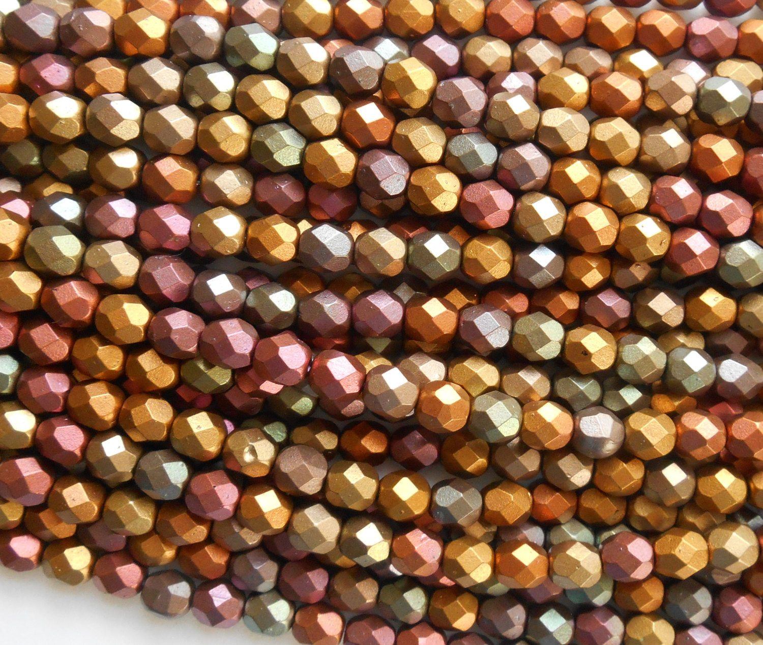 Lot of 25 6mm Matte Metallic Bronze Iris Czech glass firepolished, faceted round beads, C7425 - Glorious Glass Beads
