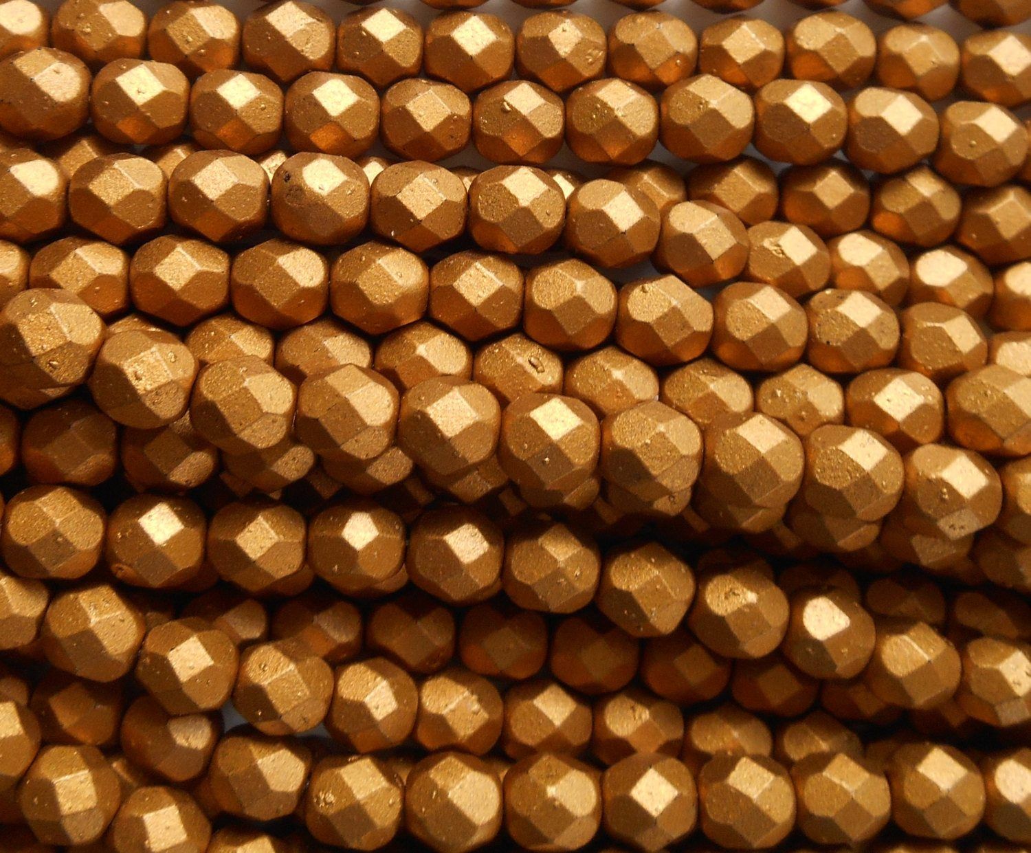 Lot of 25 6mm Matte Metallic, Gold Czech glass firepolished, faceted round beads, C7425 - Glorious Glass Beads