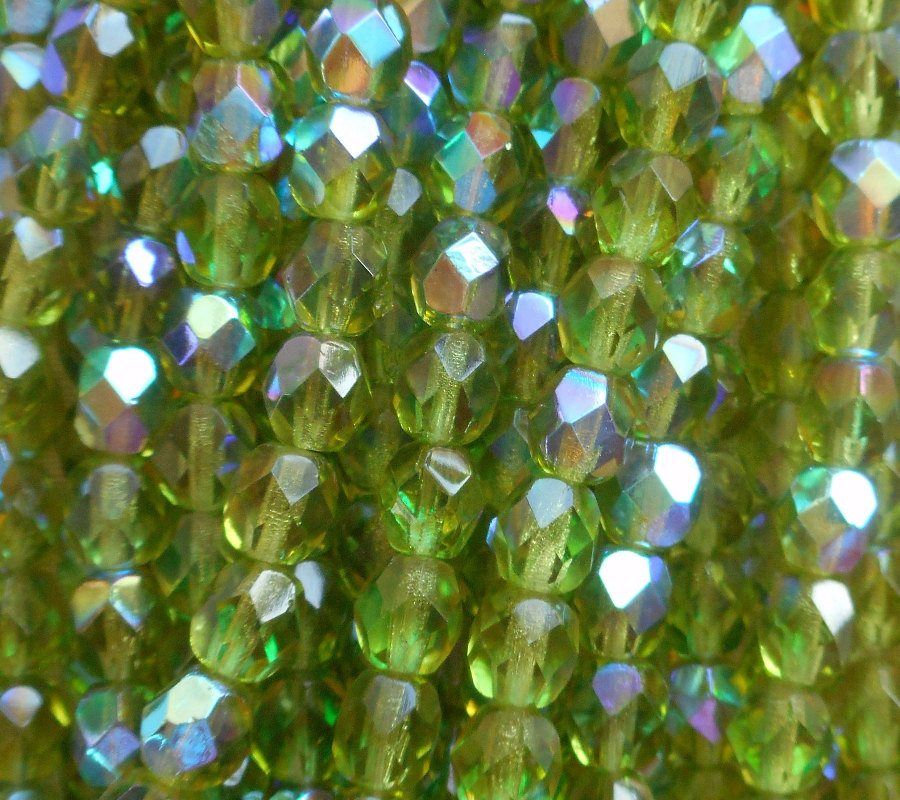Lot of 25 6mm Olive, Olivine AB firepolished, faceted round beads Czech glass beads, C7425 - Glorious Glass Beads