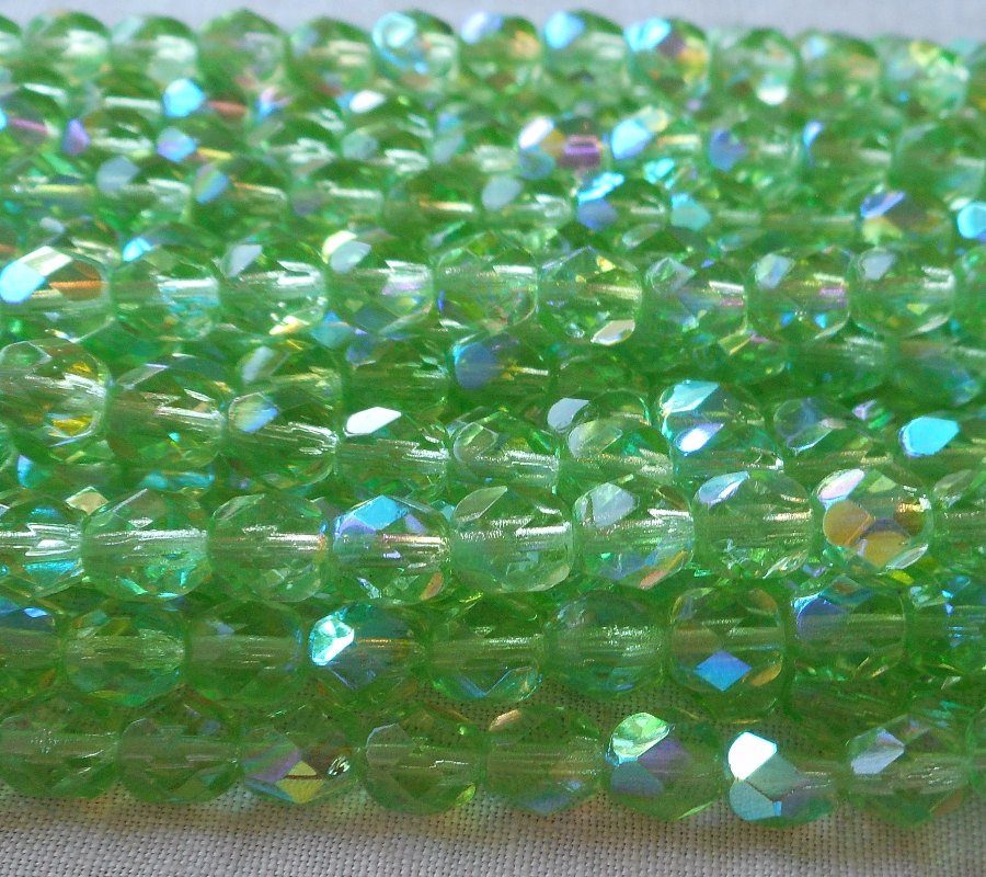 Lot of 25 6mm Peridot Green AB Czech Glass beads, firepolished faceted round glass beads C8401 - Glorious Glass Beads