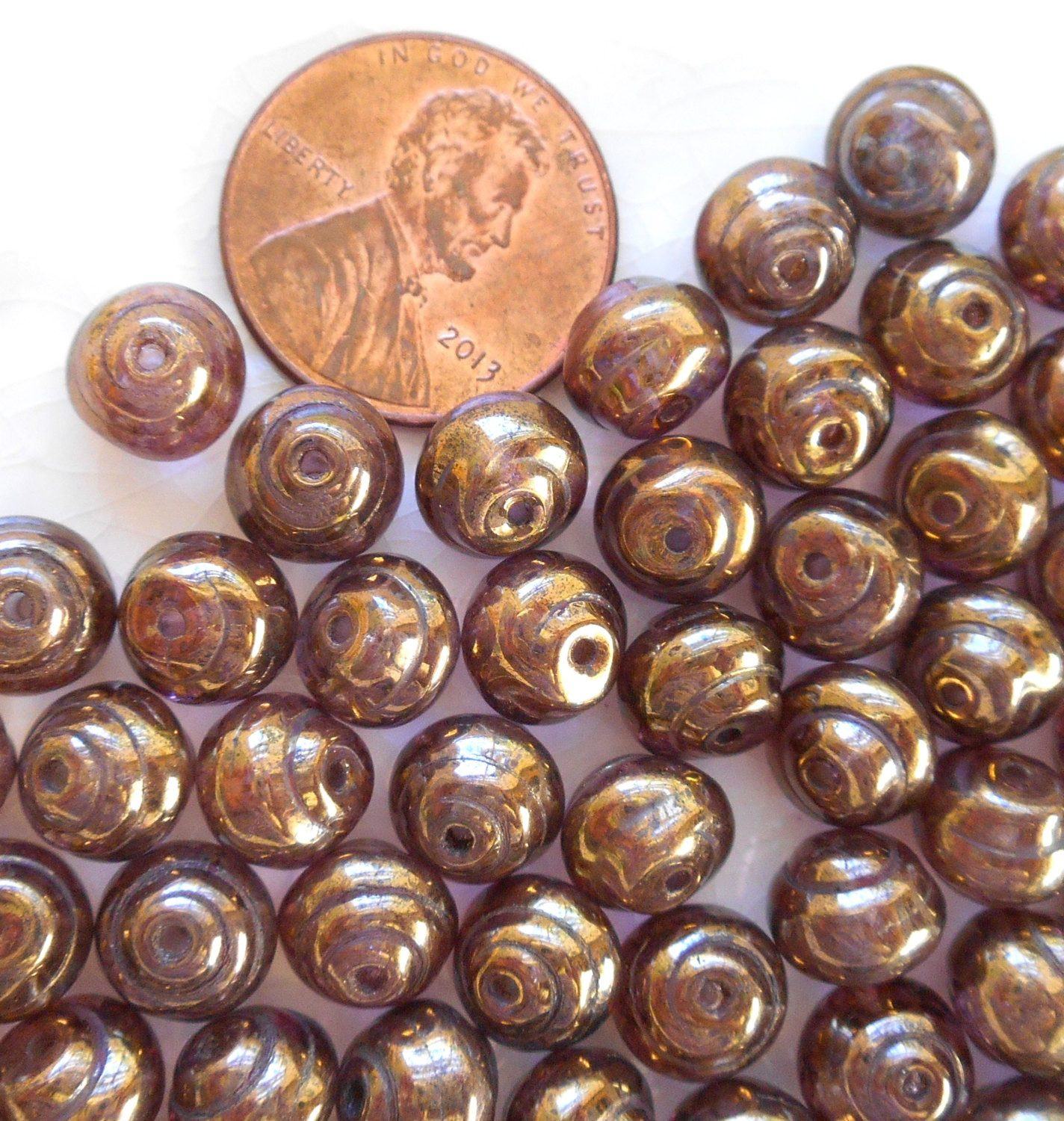 Lot of 25 8mm Czech Baroque Lumi Brown iridescent glass snail beads, C4425 - Glorious Glass Beads