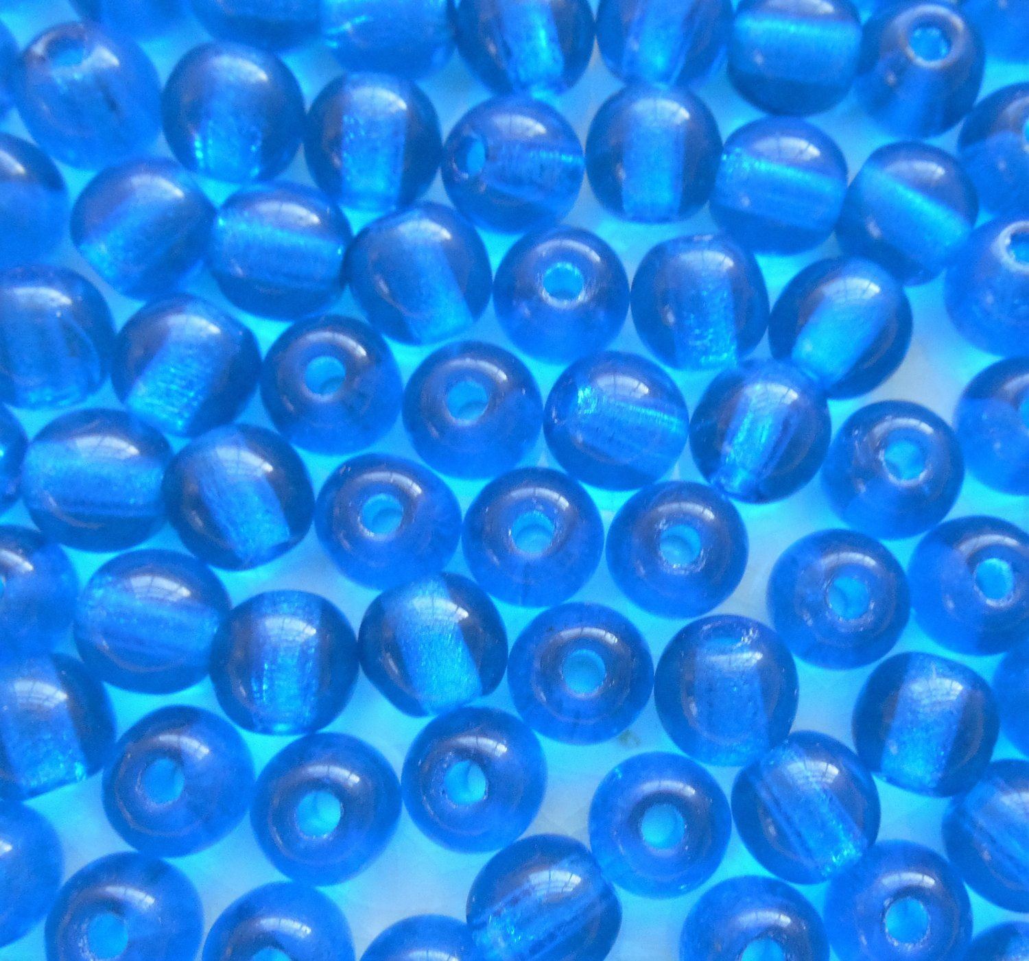 Lot of 25 8mm Czech glass big hole beads, Capri Blue smooth round druk beads with 2mm holes C0401 - Glorious Glass Beads